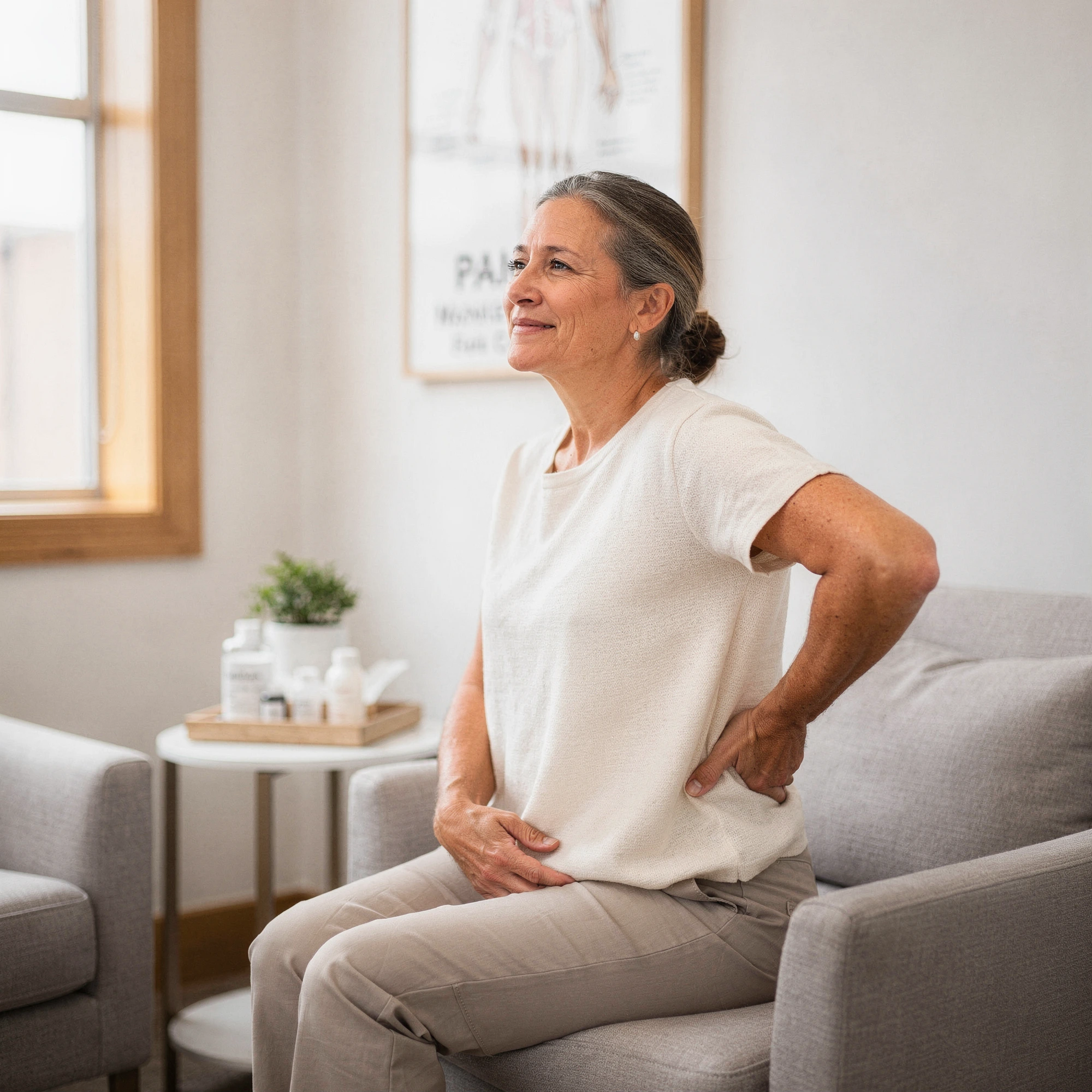 Woman sitting on couch holding her lower back, demonstrating back pain